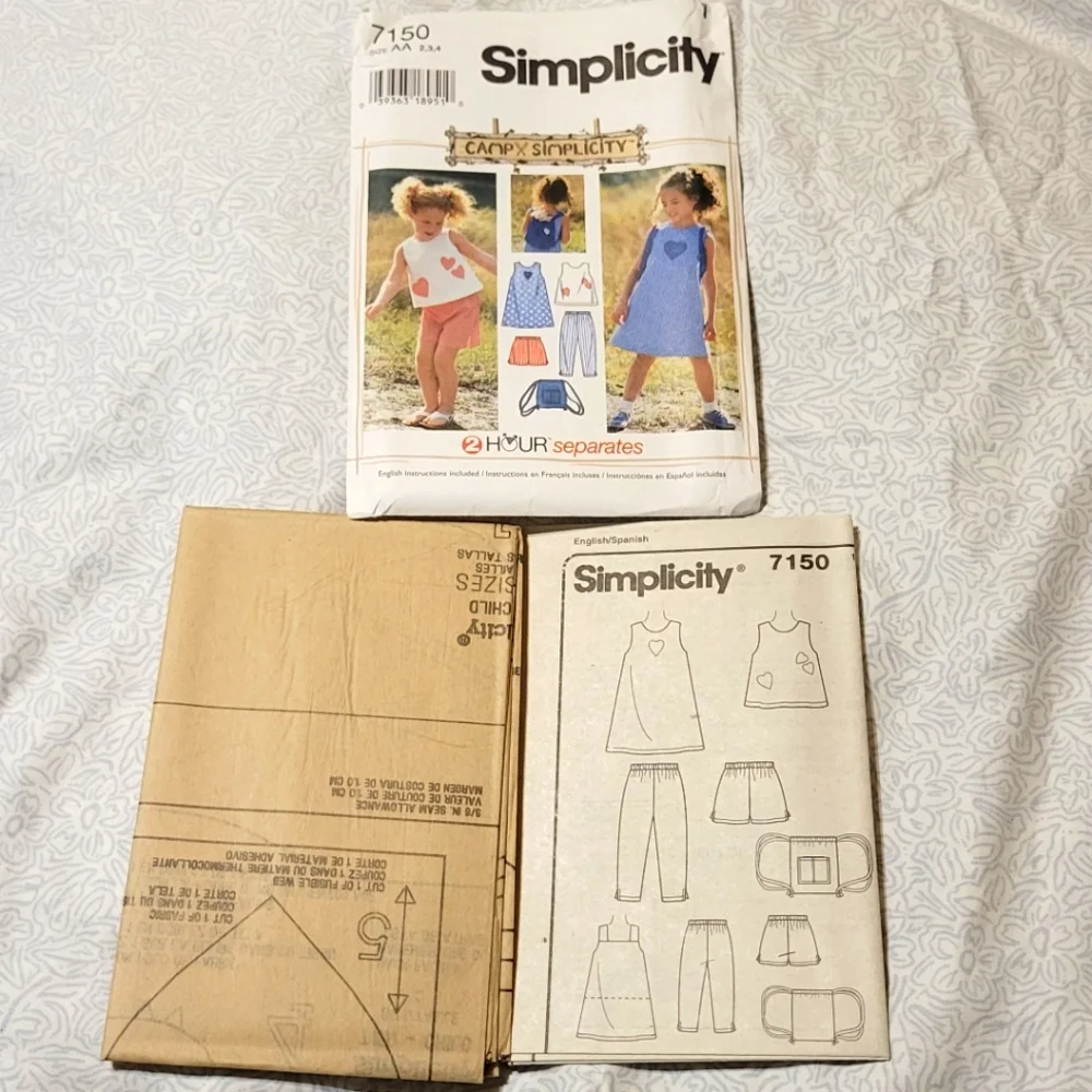 Simplicity 7150 & 7988 Girl's Dress, Top, Capris, Shorts, Bag Pattern - NWOT